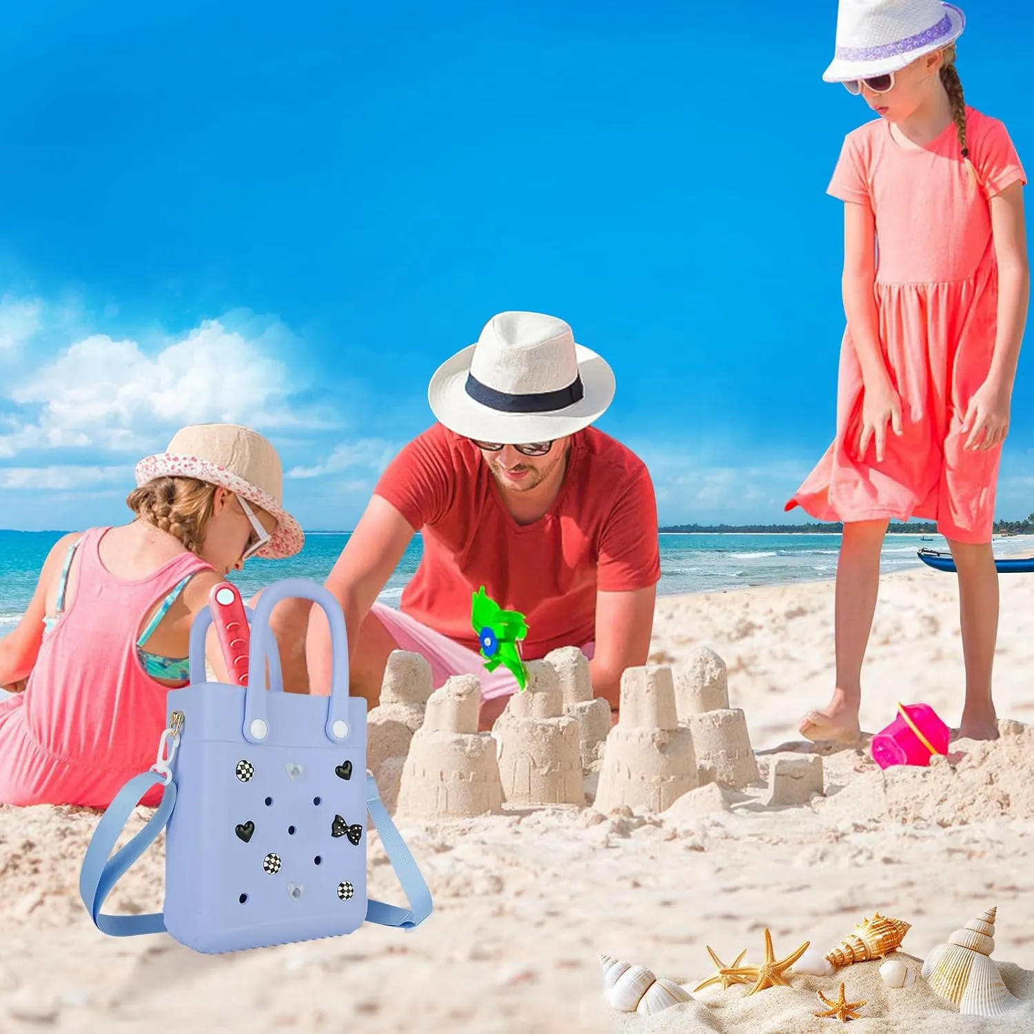 Mini Beach Rubber Tote Bag - Small Waterproof Bitty Washable Handbag with Charms for Women