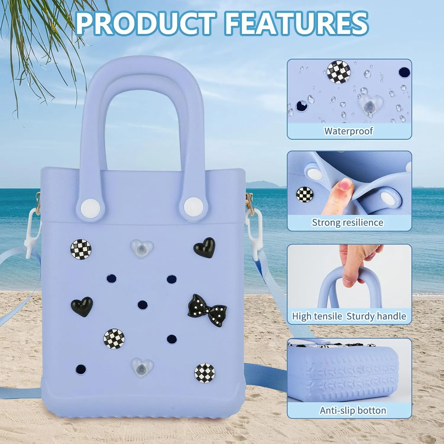 Mini Beach Rubber Tote Bag - Small Waterproof Bitty Washable Handbag with Charms for Women