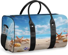 Ocean Beach Seashell Starfish Travel Duffle Bag, Sports Gym Bags for Women Men, Carry On Weekender Overnight Bag, Nautical Coastal Workout Hospital Airplane Trips Bag