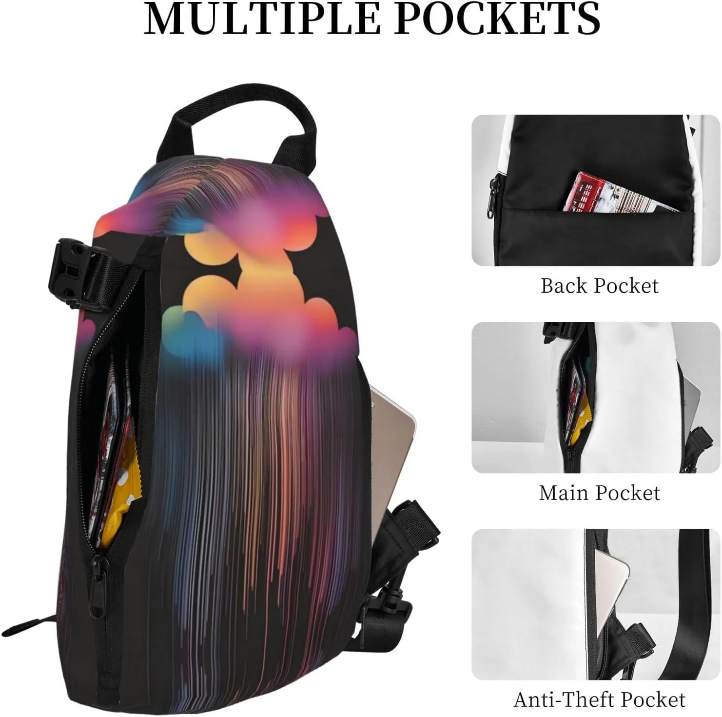 Polyester Fiber Waterproof Waist Bag -Backpack 4 Pocket Compartments Ideal for Outdoor Activities Colorful rainbow rain