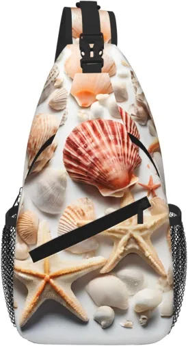 Seashell Sandy Beach Crossbody Chest Bag Sling Backpack for Travel Work Casual Use Shoulder Pack