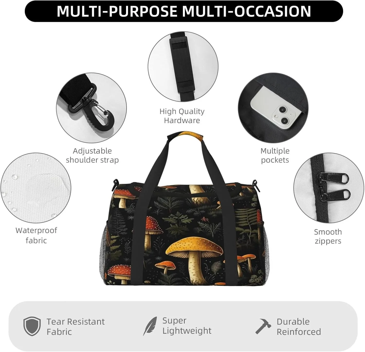 Travel Duffel Bag For Men Women, Vintage Woodland Nature Mushroom Pattern Carry On Sport Gym Bag With Shoulder Strap Lightweight Waterproof Weekender Bag Overnight Bag