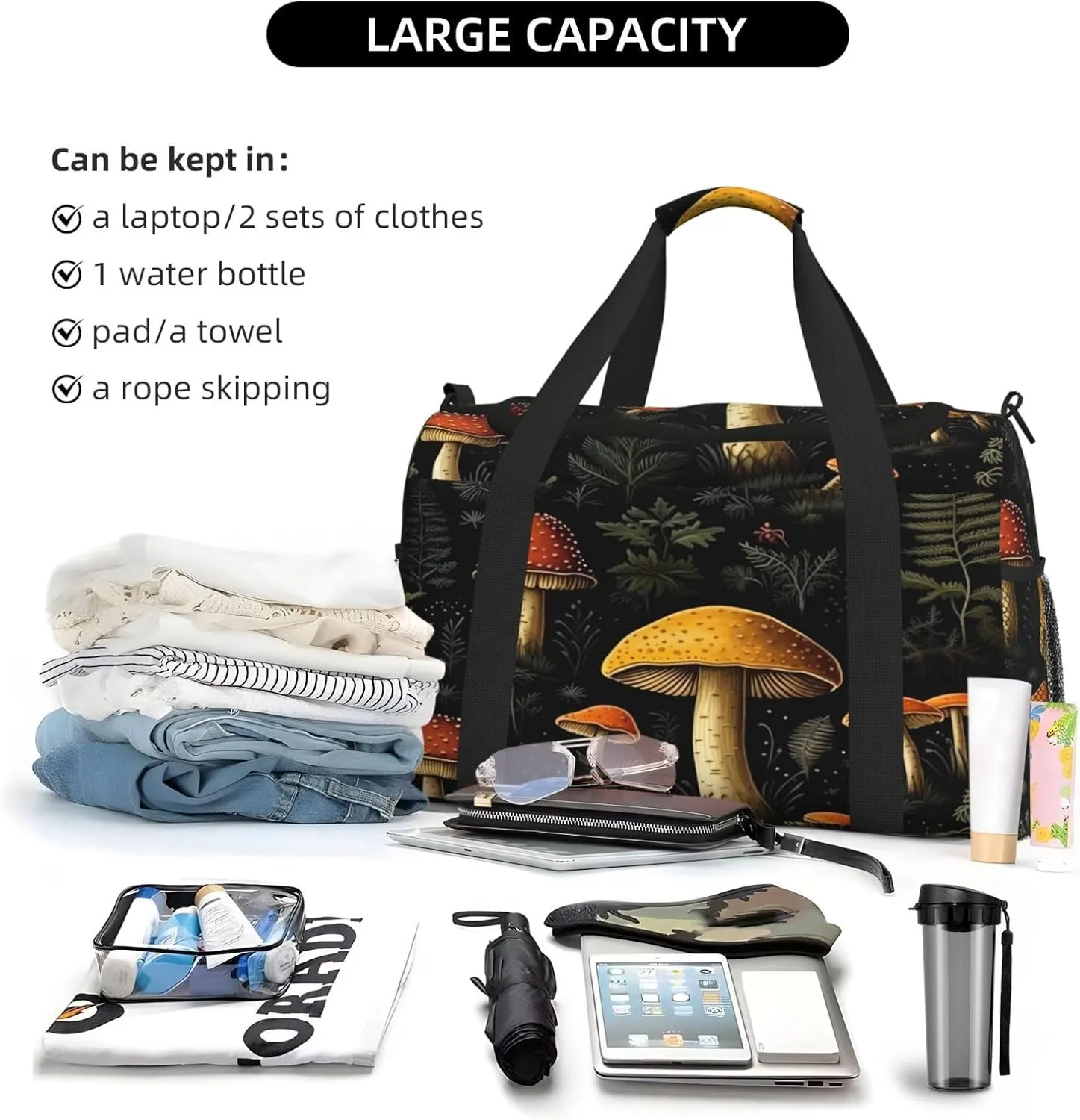 Travel Duffel Bag For Men Women, Vintage Woodland Nature Mushroom Pattern Carry On Sport Gym Bag With Shoulder Strap Lightweight Waterproof Weekender Bag Overnight Bag