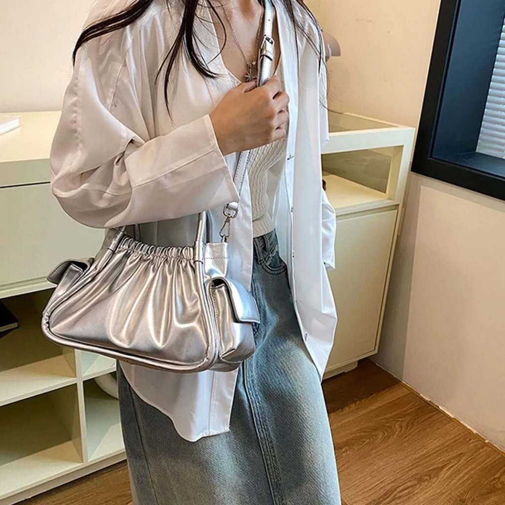 Trendy Small Satchel Handbag for Women PU Leather Pleated Clouds Shoulder Bag with Adjustable Strap Crossbody Purse