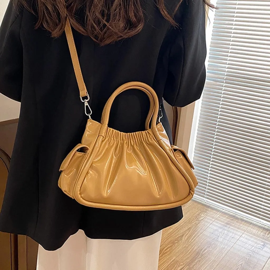 Trendy Small Satchel Handbag for Women PU Leather Pleated Clouds Shoulder Bag with Adjustable Strap Crossbody Purse