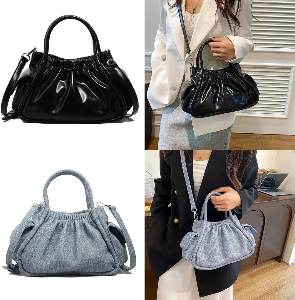Trendy Small Satchel Handbag for Women PU Leather Pleated Clouds Shoulder Bag with Adjustable Strap Crossbody Purse