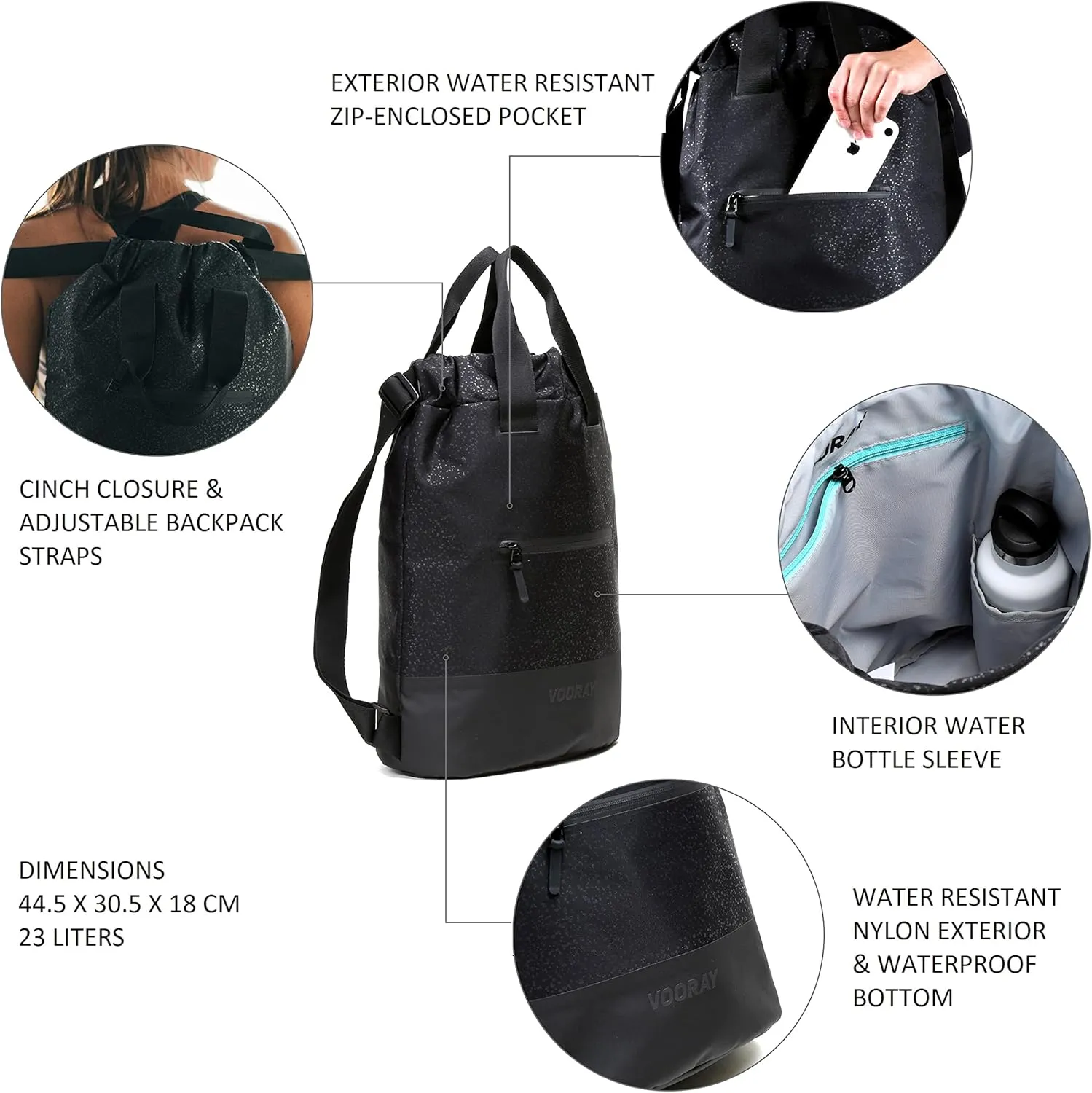 VOORAY 23L Flex Cinch Drawstring Backpack  Lightweight Travel Bag, Sports Gym Bag for Women and Men, Weekender Bag