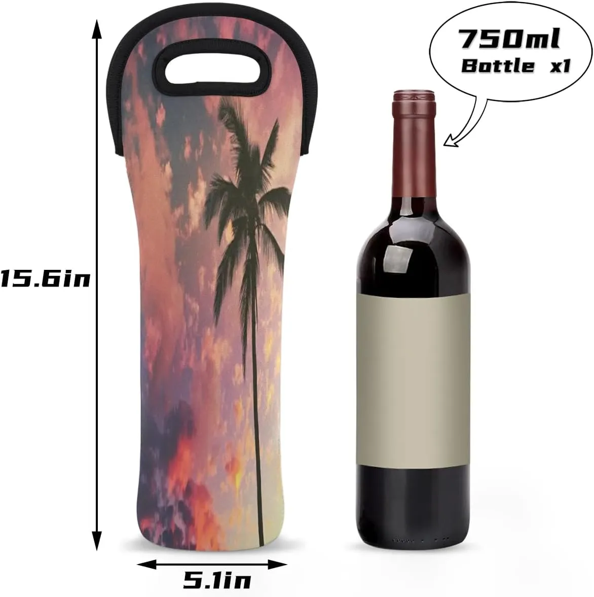 Wine Bag Single Bottle Carrier Tote Coconut Tree Neoprene Wine Cooler Bag with Carry Handle Portable Insulated Wine Bottle Holder Wine Carrier Tote Bag for Travel Picnic