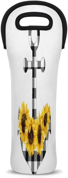 Wine Bag Single Bottle Carrier Tote Grid Anchor Sunflowers Neoprene Wine Cooler Bag with Carry Handle Portable Insulated Wine Bottle Holder Wine Carrier Tote Bag for Travel Picnic