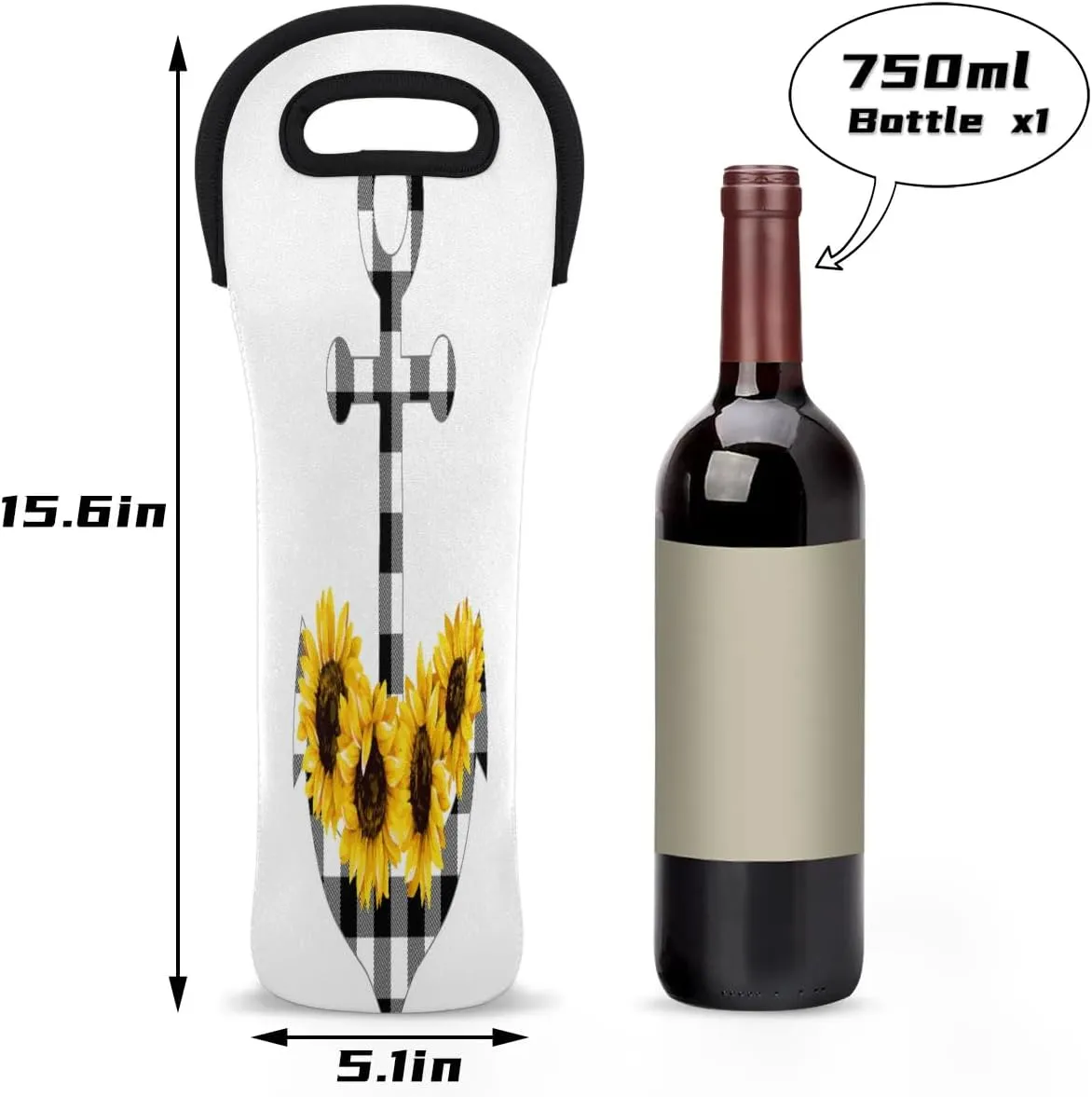Wine Bag Single Bottle Carrier Tote Grid Anchor Sunflowers Neoprene Wine Cooler Bag with Carry Handle Portable Insulated Wine Bottle Holder Wine Carrier Tote Bag for Travel Picnic