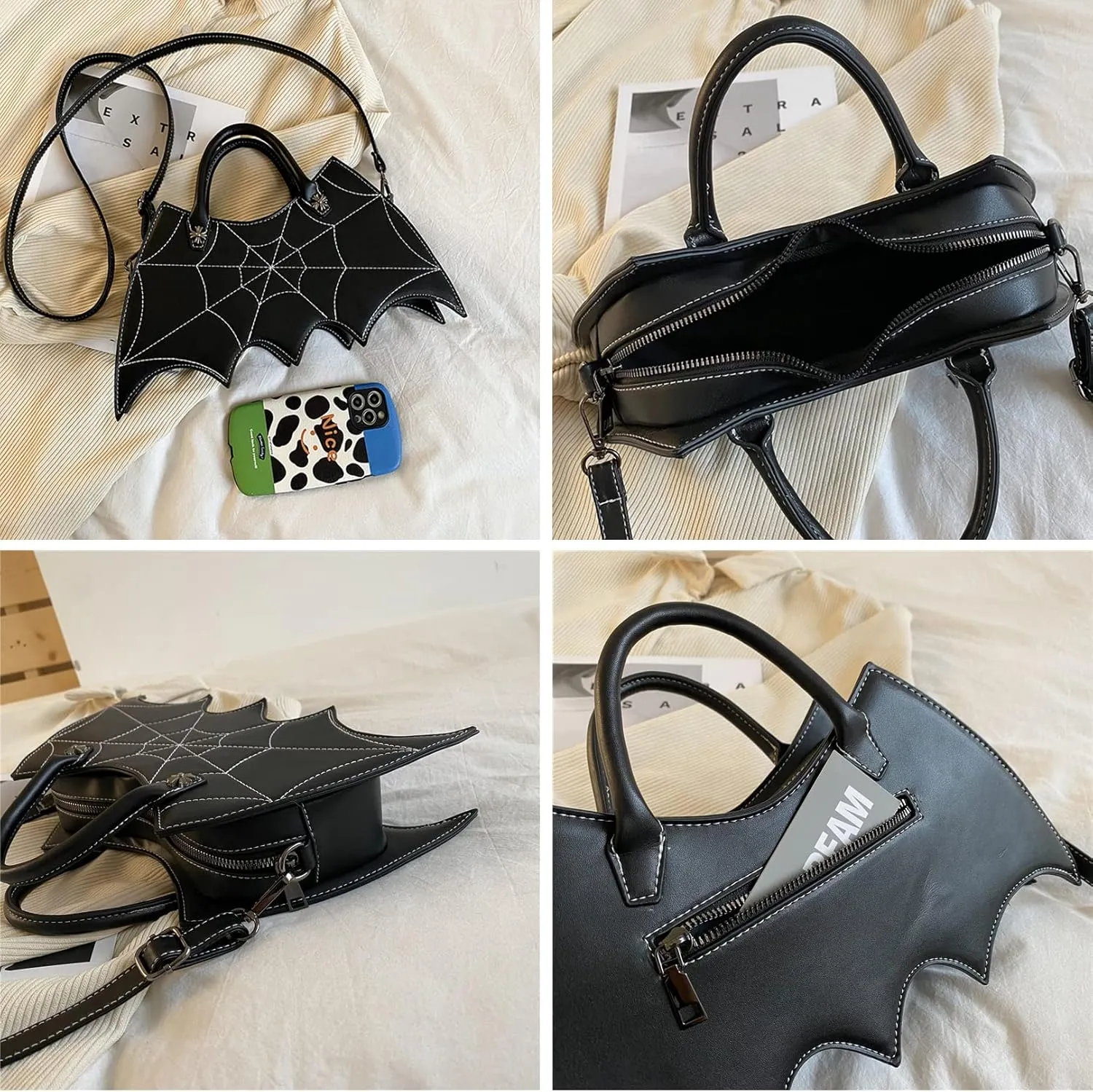 Women Fashion PU Leather Bag Unique Bat Shoulder Bag Cute Animal Purse Shopping Crossbody Bag