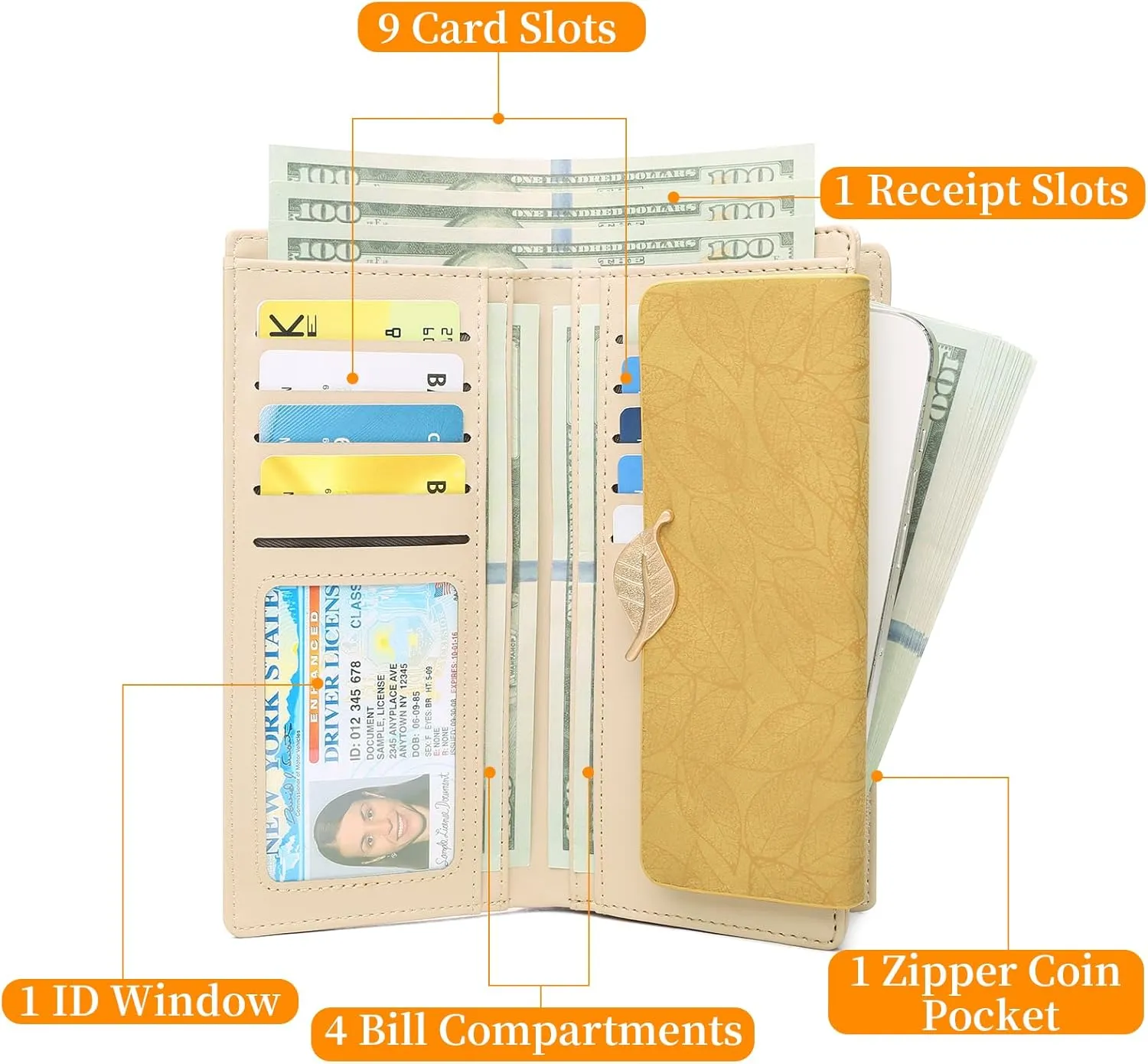 Women's Wallet Leather RFID Blocking Bifold Clutch Large Capacity Credit Card Holder with Coin Zipper Purse