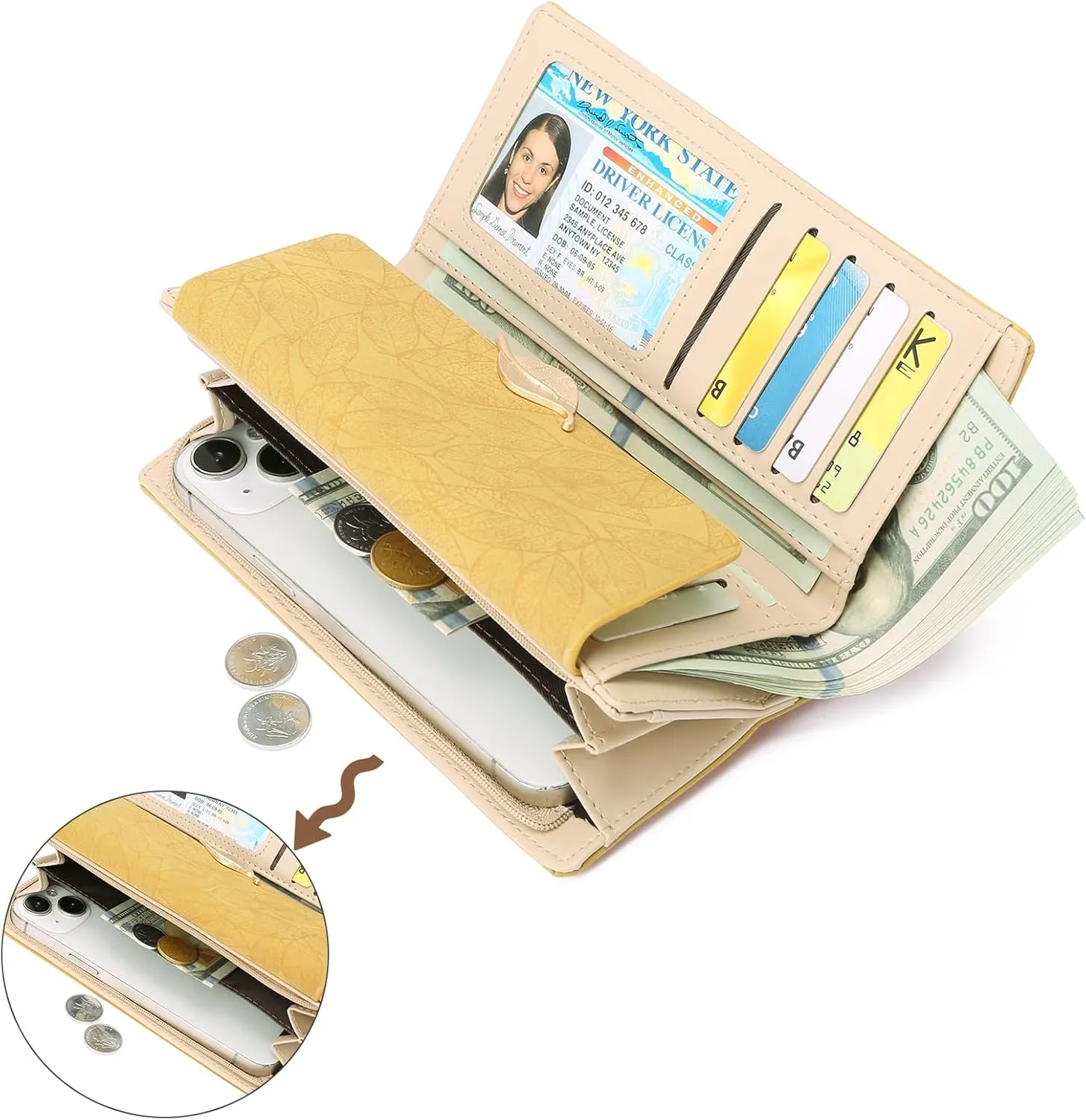 Women's Wallet Leather RFID Blocking Bifold Clutch Large Capacity Credit Card Holder with Coin Zipper Purse