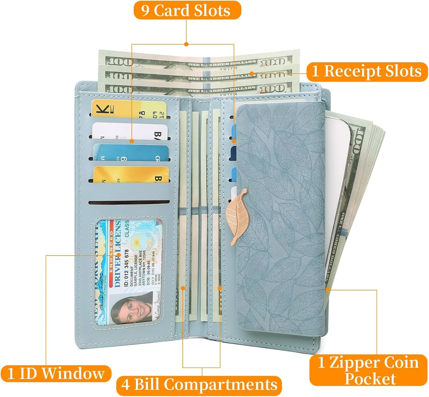 Women's Wallet Leather RFID Blocking Bifold Clutch Large Capacity Credit Card Holder with Coin Zipper Purse